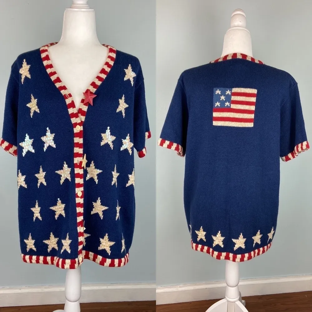 The Quacker Factory Button Down Knit Sweater American Flag Academia Size Large - Image 3