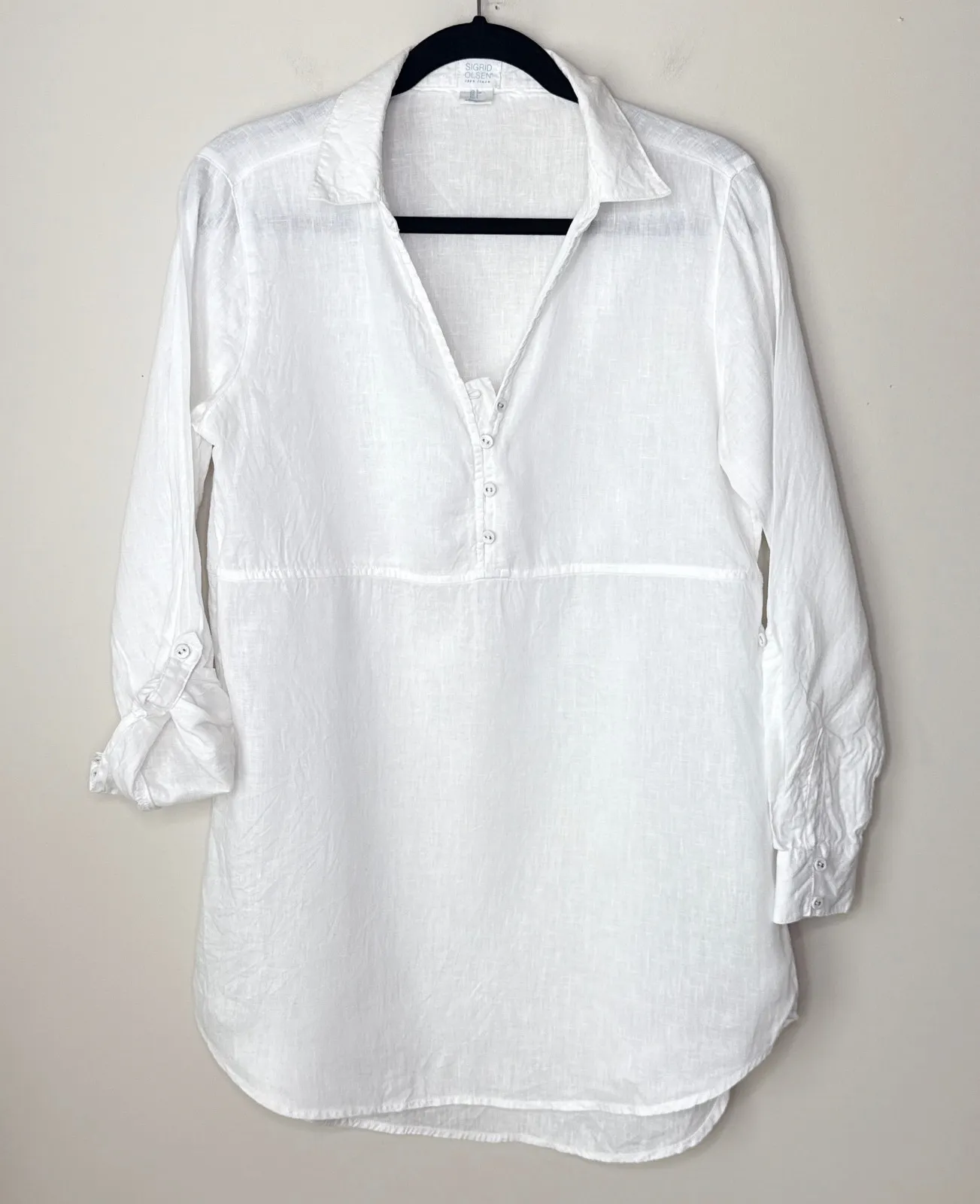 Sigrid Olsen 100% Linen White Roll-Tab Sleeve Collared V-Neck Tunic Top Small - Image 1