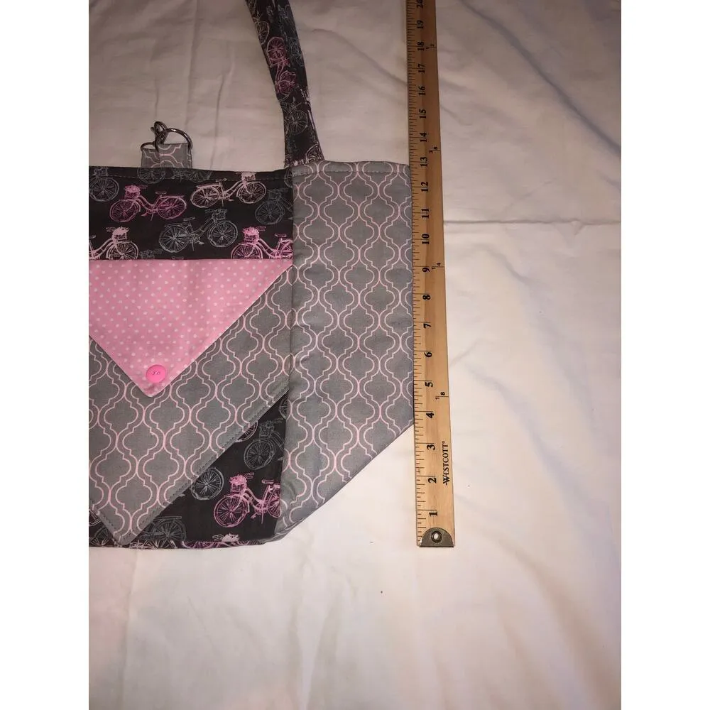 Bag Shoulder Tote Handmade Bicycle Print Pink Gray Blue New Fabric Lightweight - Image 5