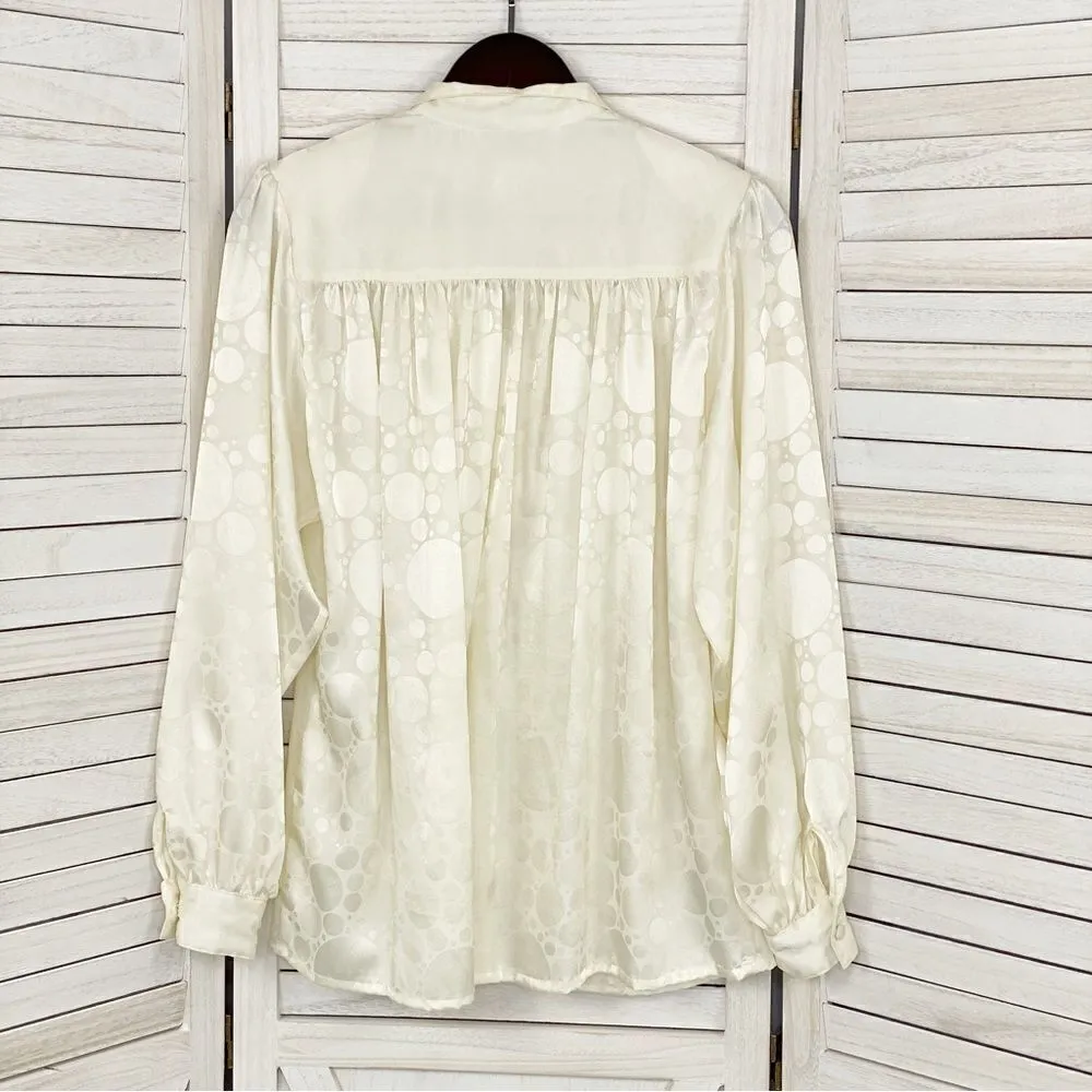 Helen Fabrikant Vintage Satin Jacquard‎ V Neck Blouse Cream Medium Long Sleeve - Image 8