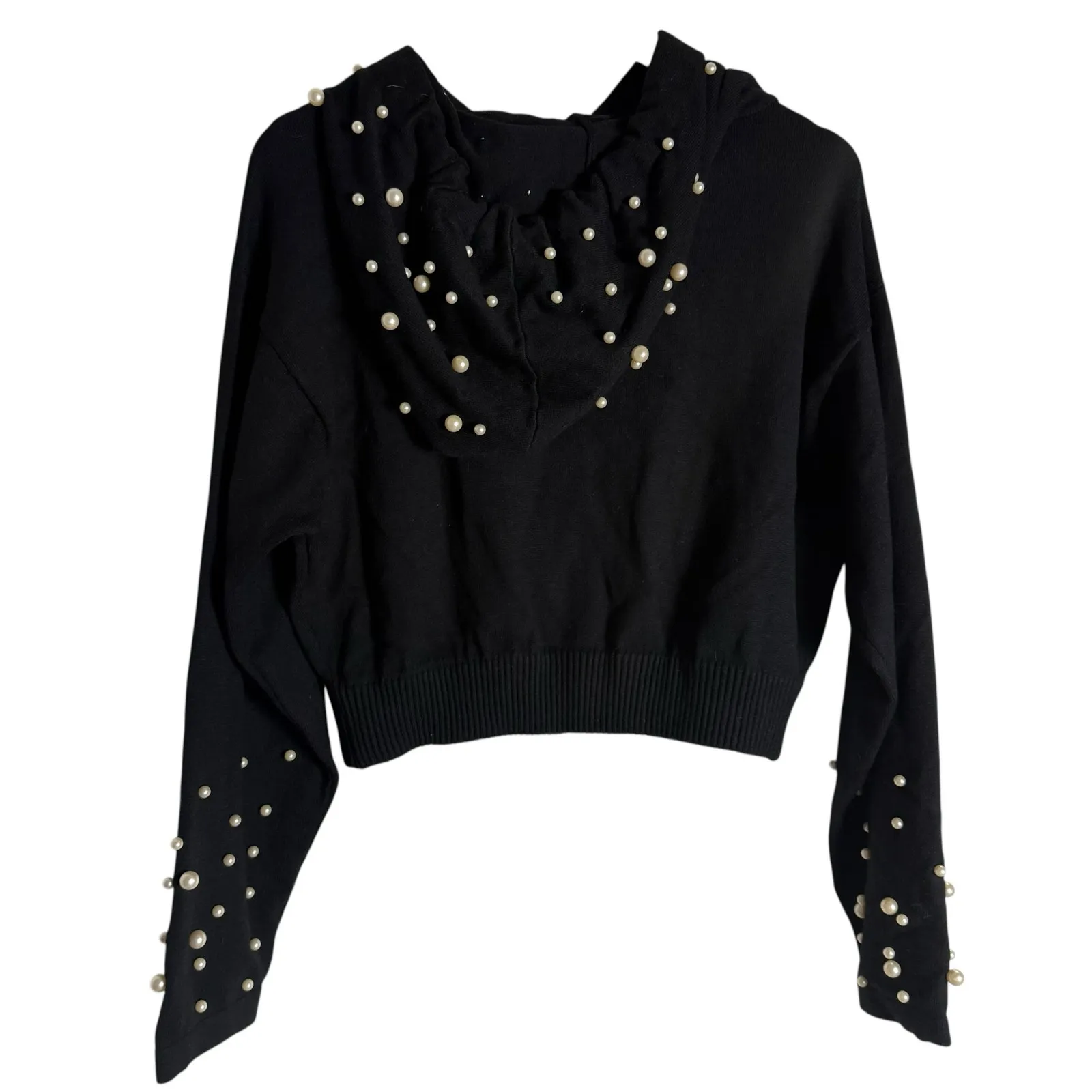 Zara Black Cropped Pearl Embellished Hooded Knit Sweater Size Small - Image 10