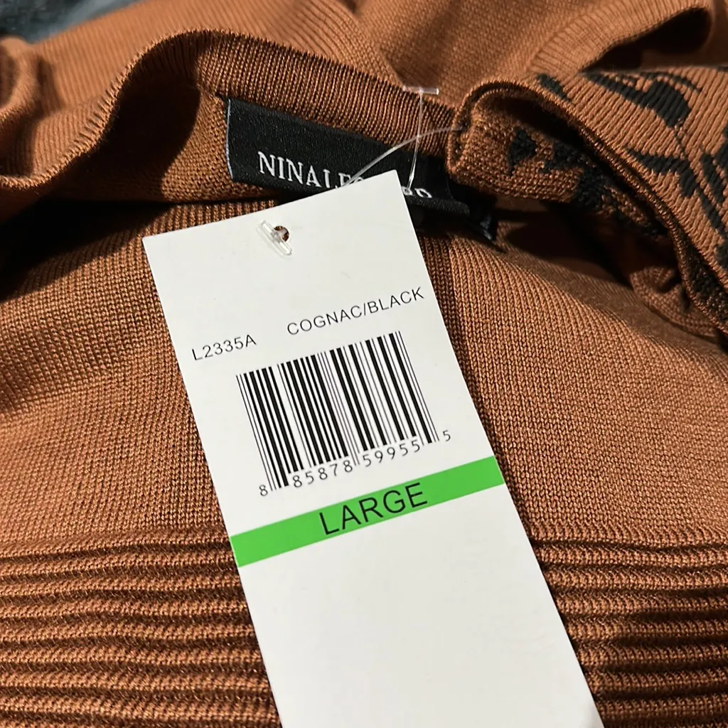 NWT NINA LEONARD FIT & FLARE FLORAL KNIT SWEATER DRESS IN COGNAC / BLACK Brown Size L - Image 8