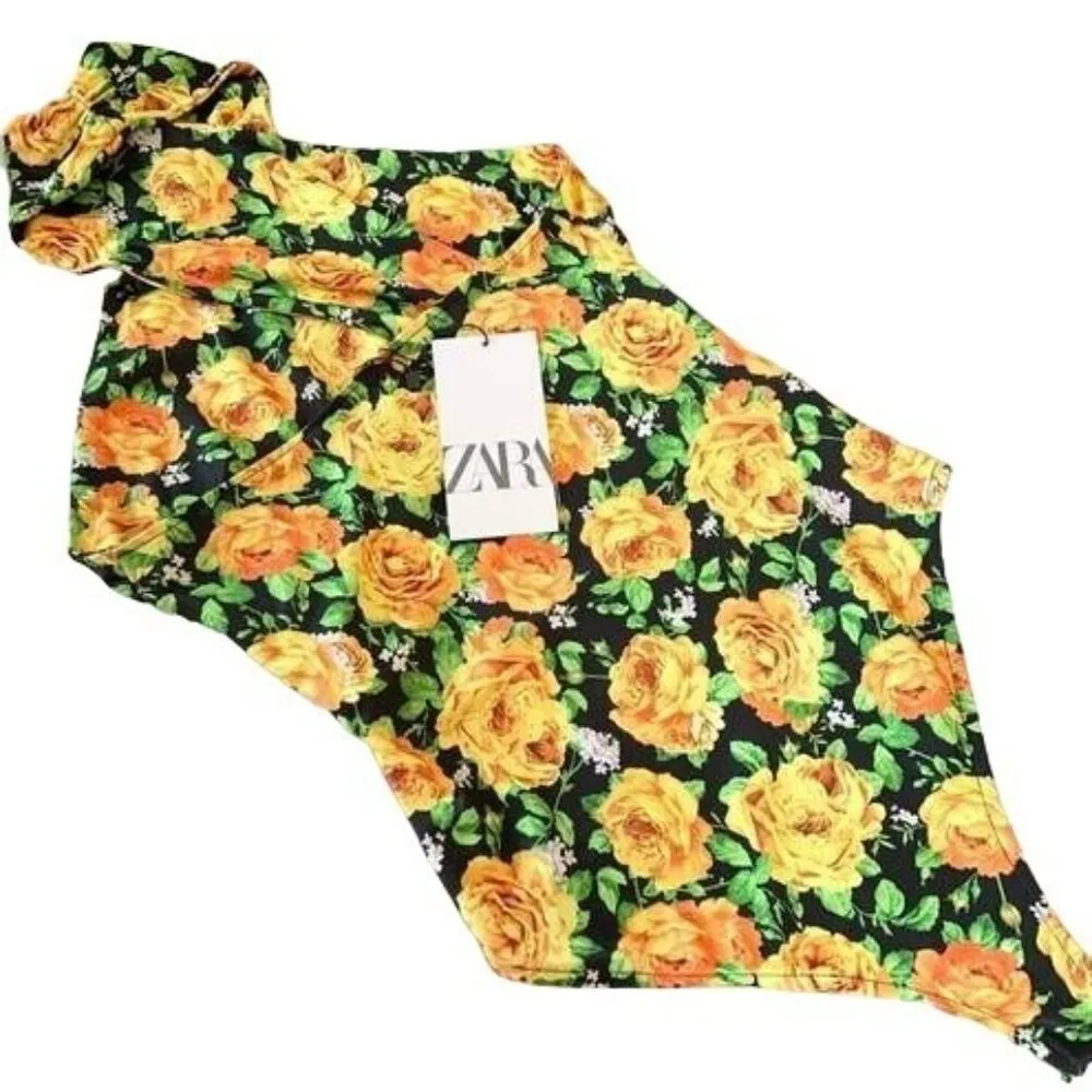 Zara Floral Sleeveless Halter Bodysuit Top Black & Yellow S - Image 4