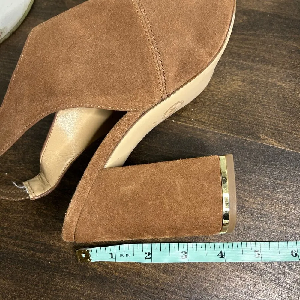 Michael Kors Chunky Peeptoe Heels Cassie Slingback Camel Brown Suede Leather 8.5 - Image 9