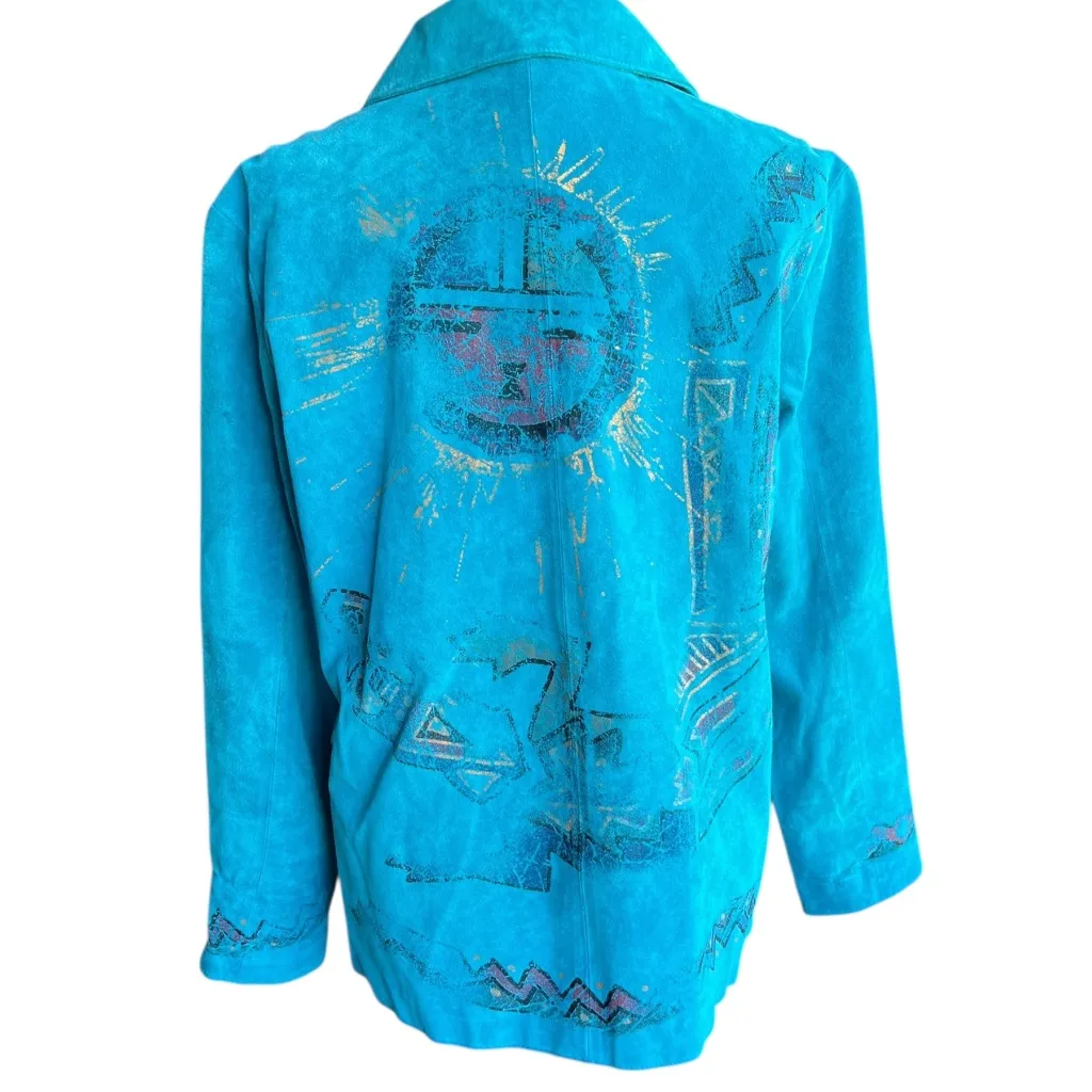 Vintage Genuine Suede Leather Turquoise Southwestern Jacket Chicos Sz 1 - Image 5