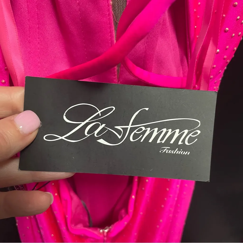 NWT La Femme Rhinestone Plunge Neck Gown Neon Pink Sz 4‎ $408 - Image 11