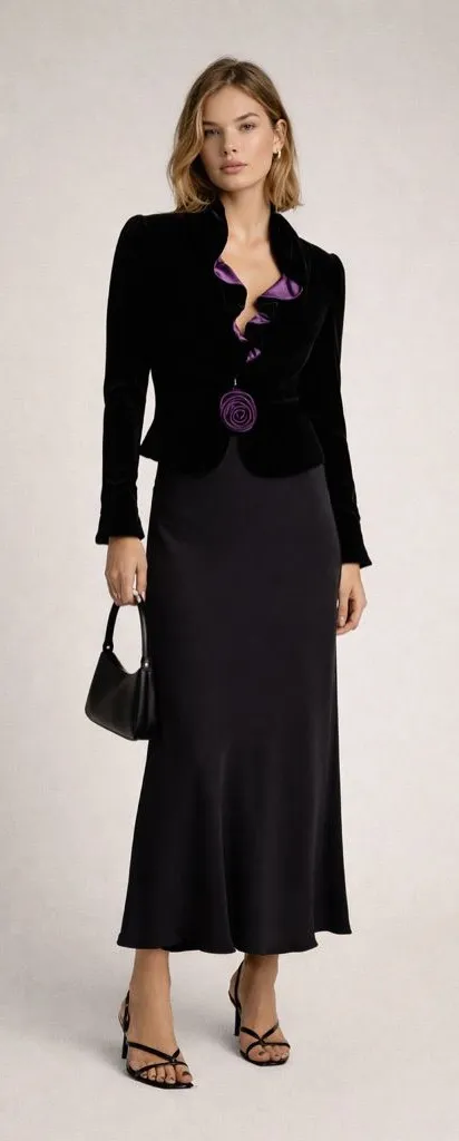 Carmen Marc Valvo collection silk velvet blazer w/ ruffle detail purple lining. - Image 1