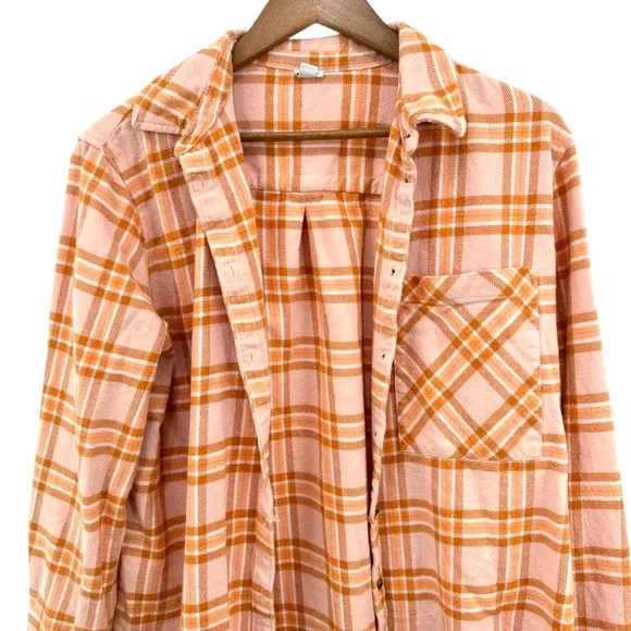 Aerie Womens Plaid Flannel Shirt‎ Shacket Button Up Long Sleeve Peach Orange - Image 2