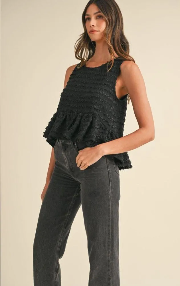 NWT Mable Aarna Frayed Babydoll Tank Top Black Peplum Top Textured Size Medium - Image 3