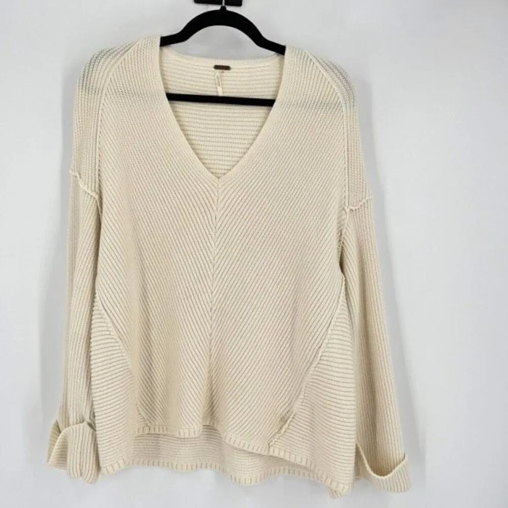 Free People Women's La Brea V-Neck Knitted Pullover Sweater Cream‎ Size XS - Image 3