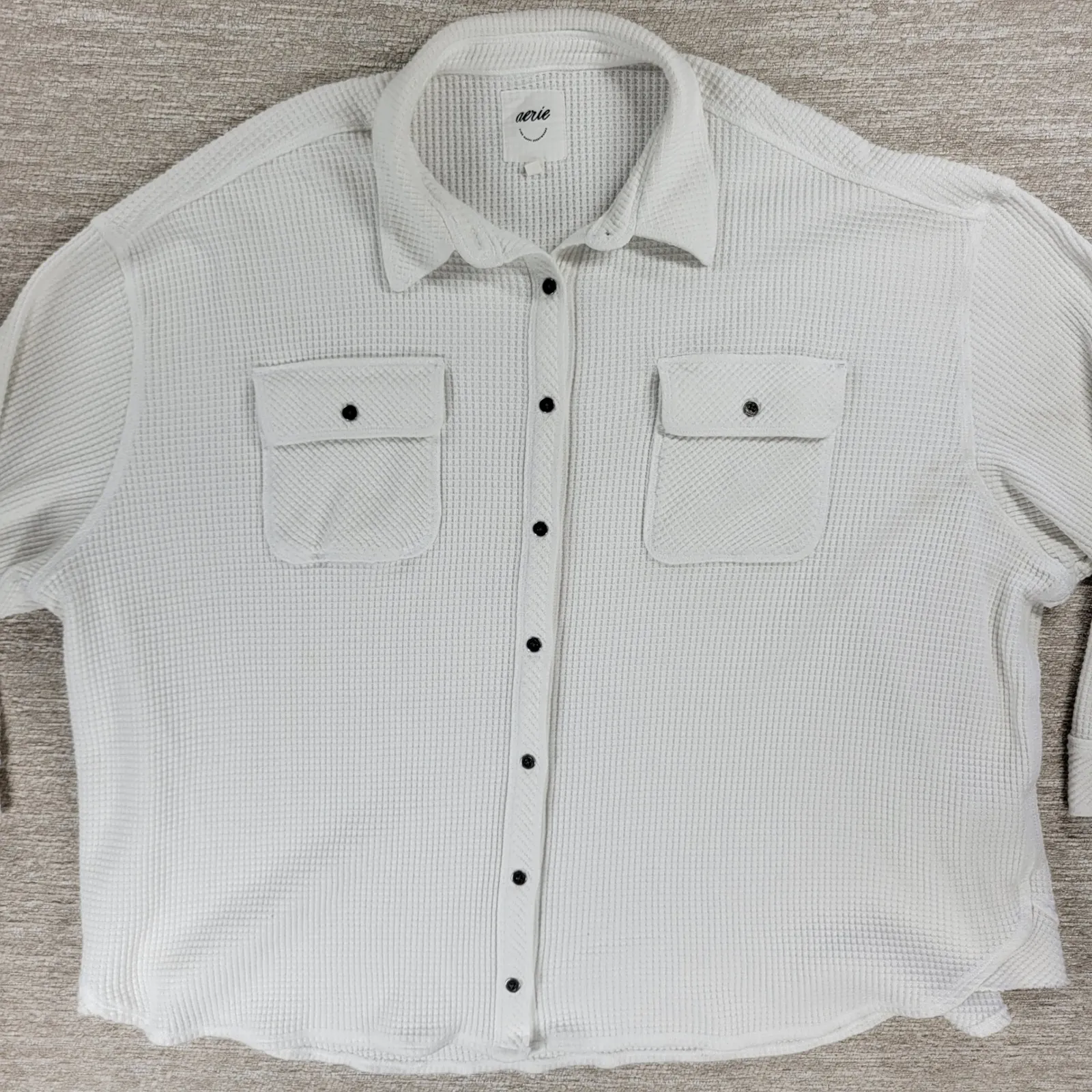 Aerie Waffle Knit Button Up Shirt XL White Oversized Relaxed Fit Long Sleeve - Image 16