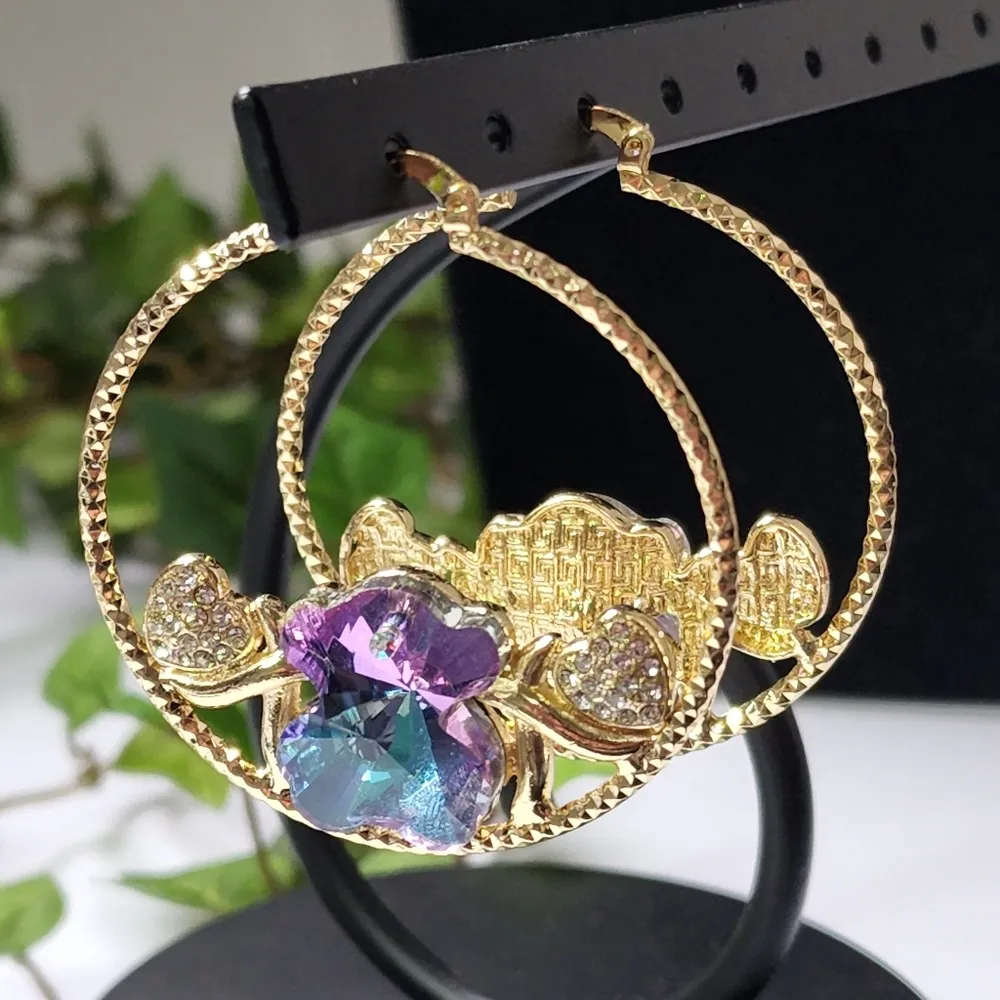 Gold Filled Hoops with Iridescent Crystal Bear Blue - Image 4