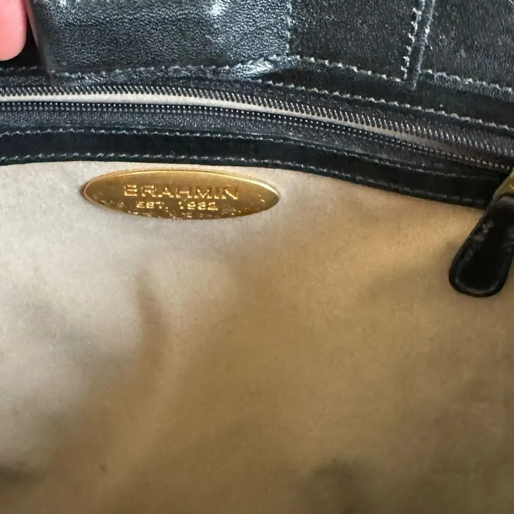 Vintage BRAHMIN Tuscan Black Leather Brown Croc Leather Trims Bucket Bag - Image 12
