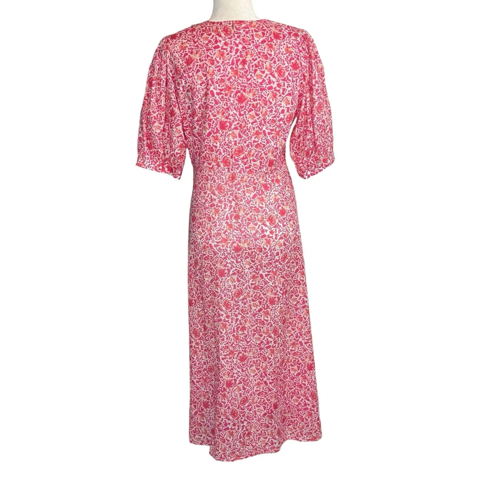 MISA Los Angeles Pink Floral Button Front Midi Dress Puff Sleeve L Made In USA‎ - Image 10