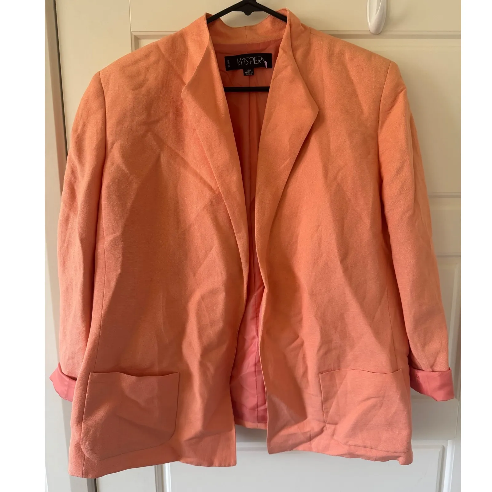 Kasper Womens Linen Peach Pink Satin Lined Open Front Lapel Blazer sz 16P Career - Image 3