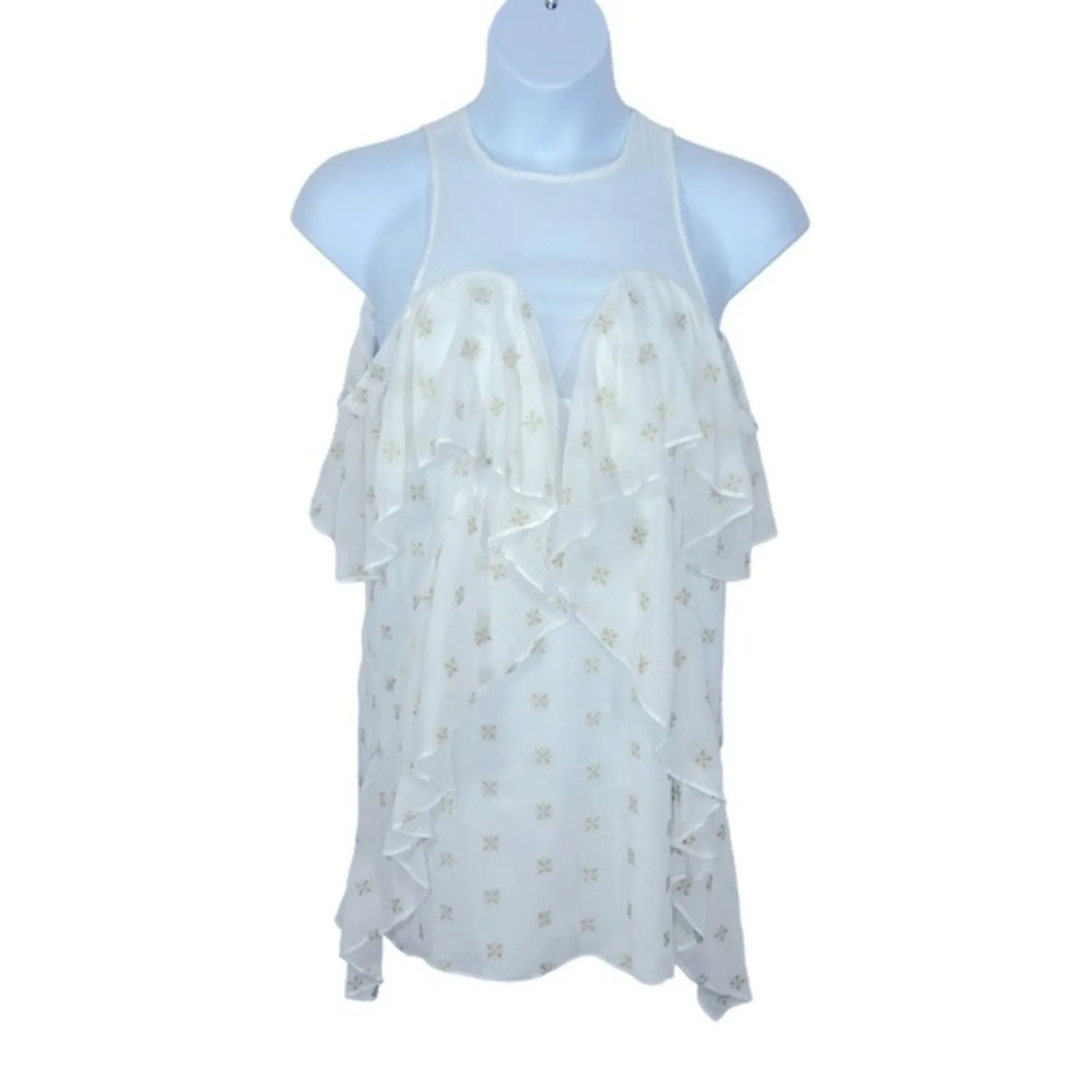 Stevie May Cosmic Currents Gold Embroidered Mini Dress Cold Shoulder Medium White - Image 2