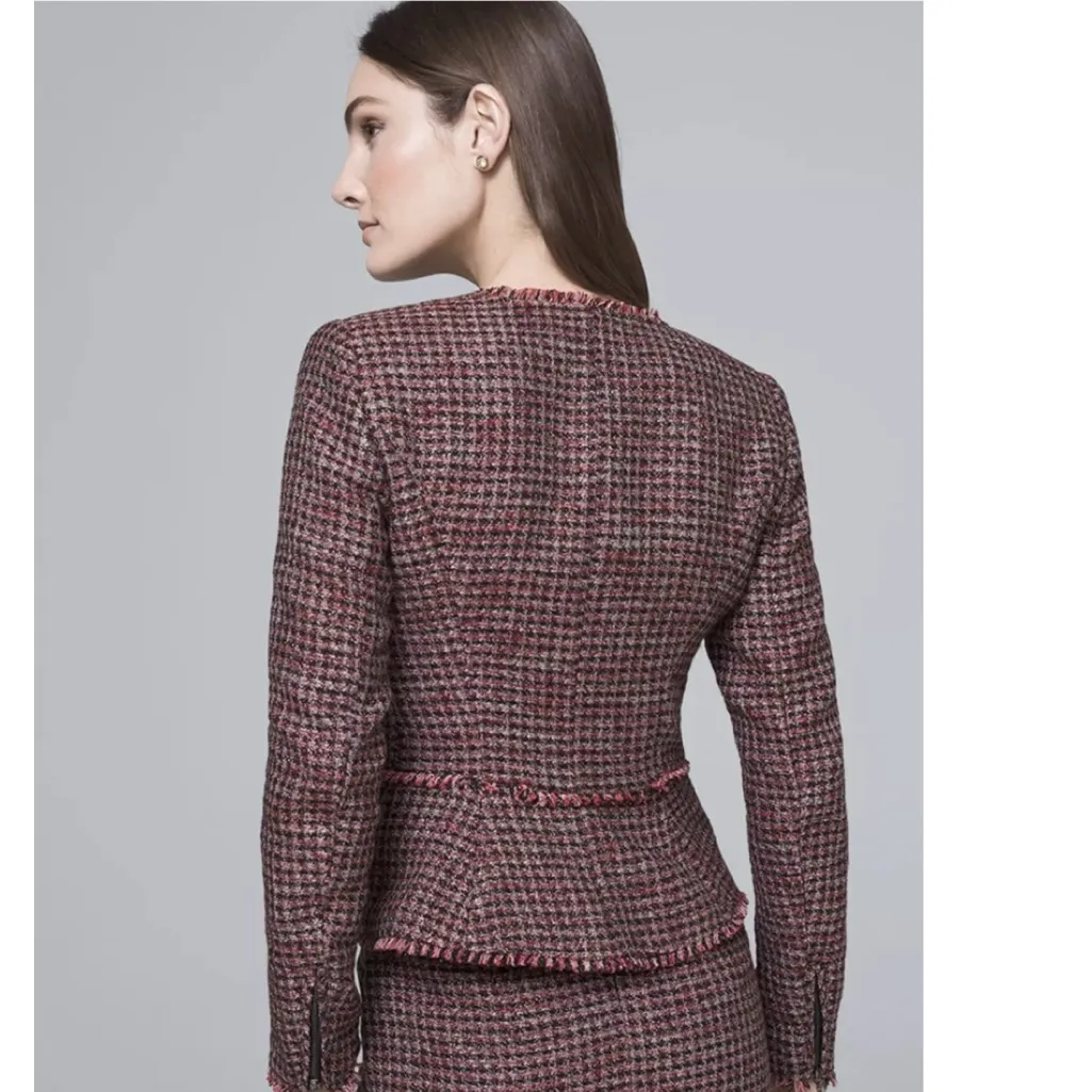 NWOT White House Black Market Red Black Tweed Fringe Moto Style Blazer - Image 4