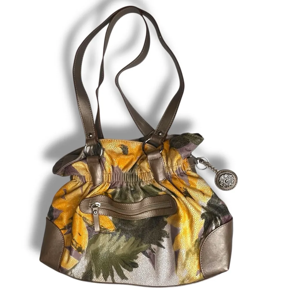 Vintage Floral Shoulder Tote Bag Purse Gray & Gold Extra Large Y2K Yellow - Image 2