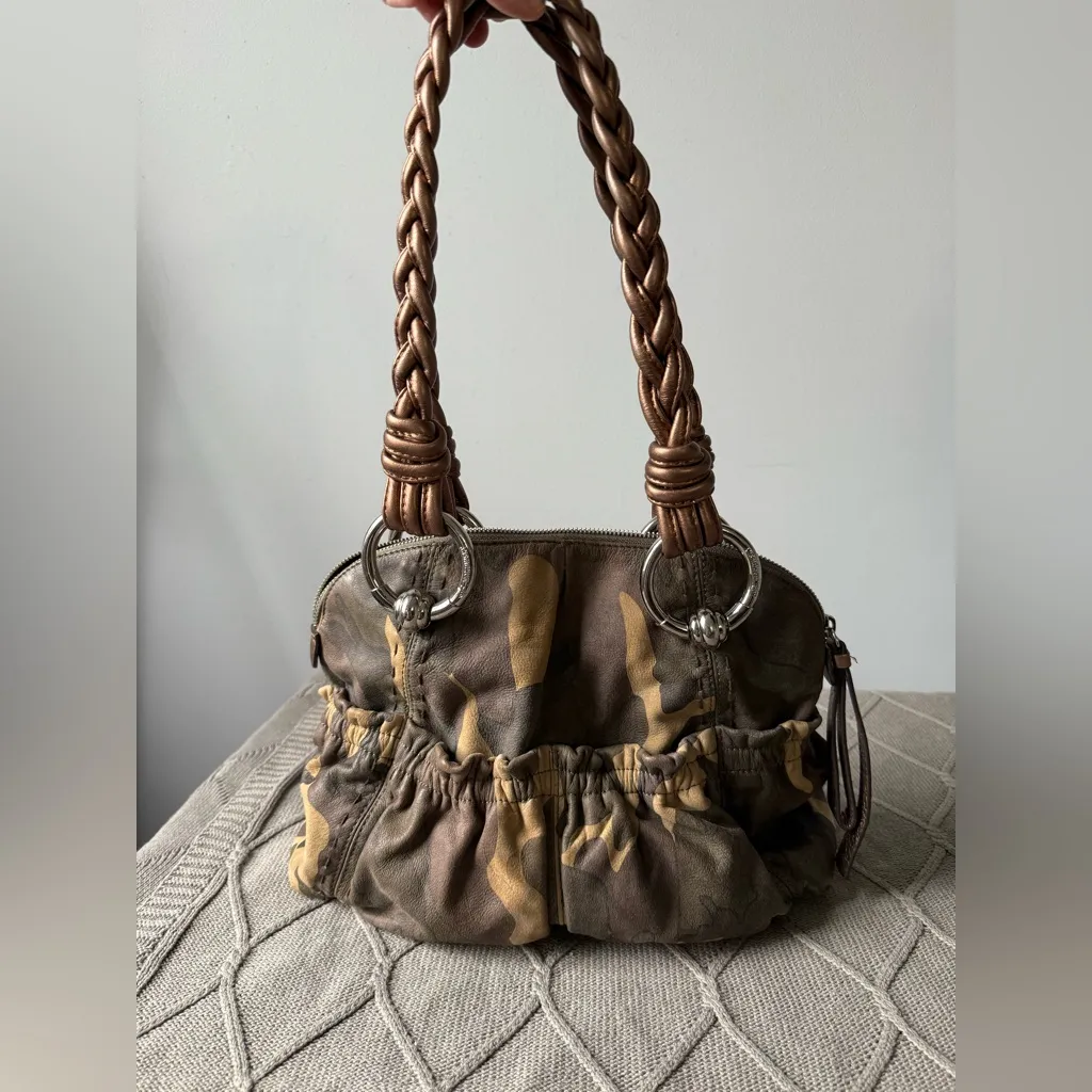 VTG B. Makowsky Caroline Bag Camouflage Bronze Leather Braided Double Handles Brown - Image 2