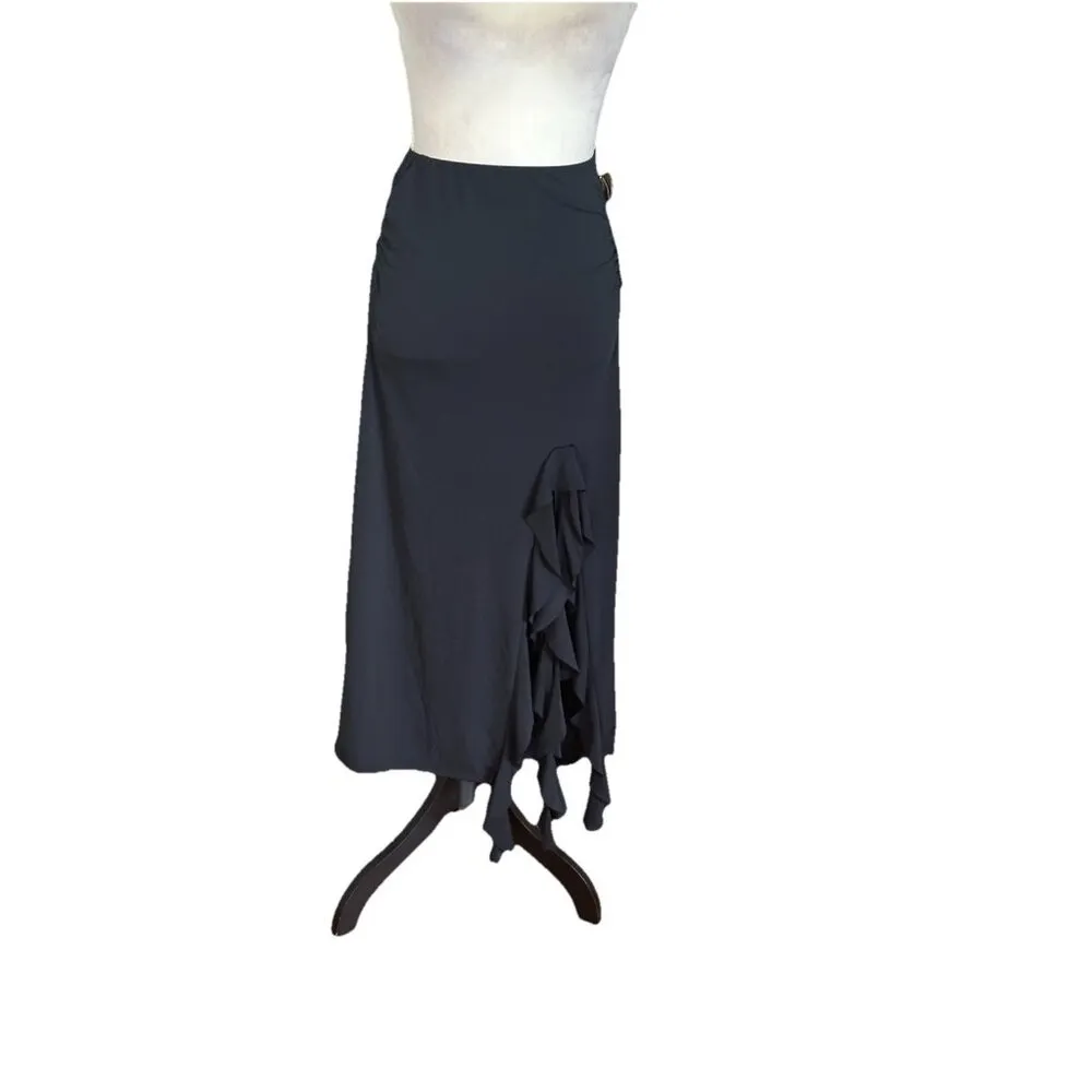 Womens Black Ruffle Skirt Side Slit Elastic Waist Maxi Midi Sz XS Gothic Witchy - Image 4