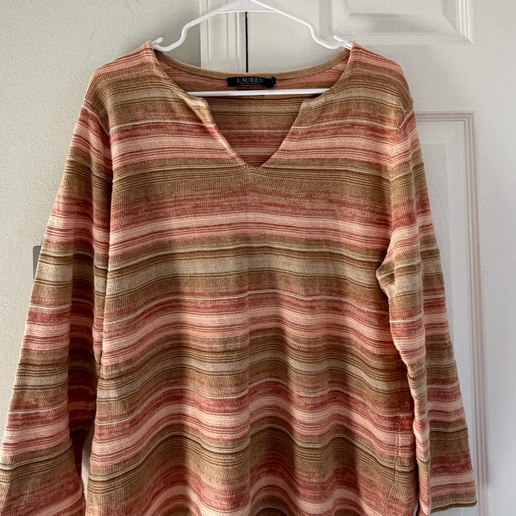 Lauren Ralph Lauren Womens Sweater XL Tan Pink Striped Linen Cotton Capsule - Image 3