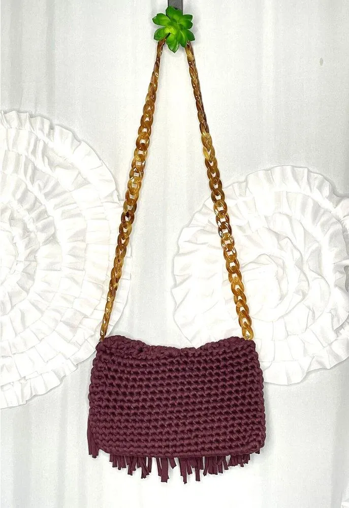 70s Burgundy Crochet Woven Boho Bohemian Bag Purse Tortoiseshell Chain Strap - Image 4