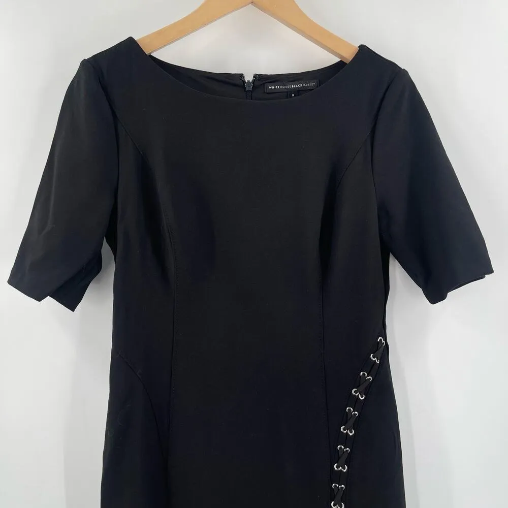 WHITE HOUSE BLACK MARKET Dress Size 8 Lace Up Detail Black Stretch Professional - Image 7