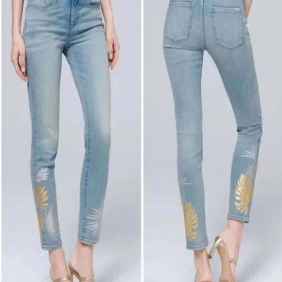 WHBM Slim Crop Mid-Rise Foil Hem Metallic Tropical Palm Denim Ankle Jean NWT - Image 2
