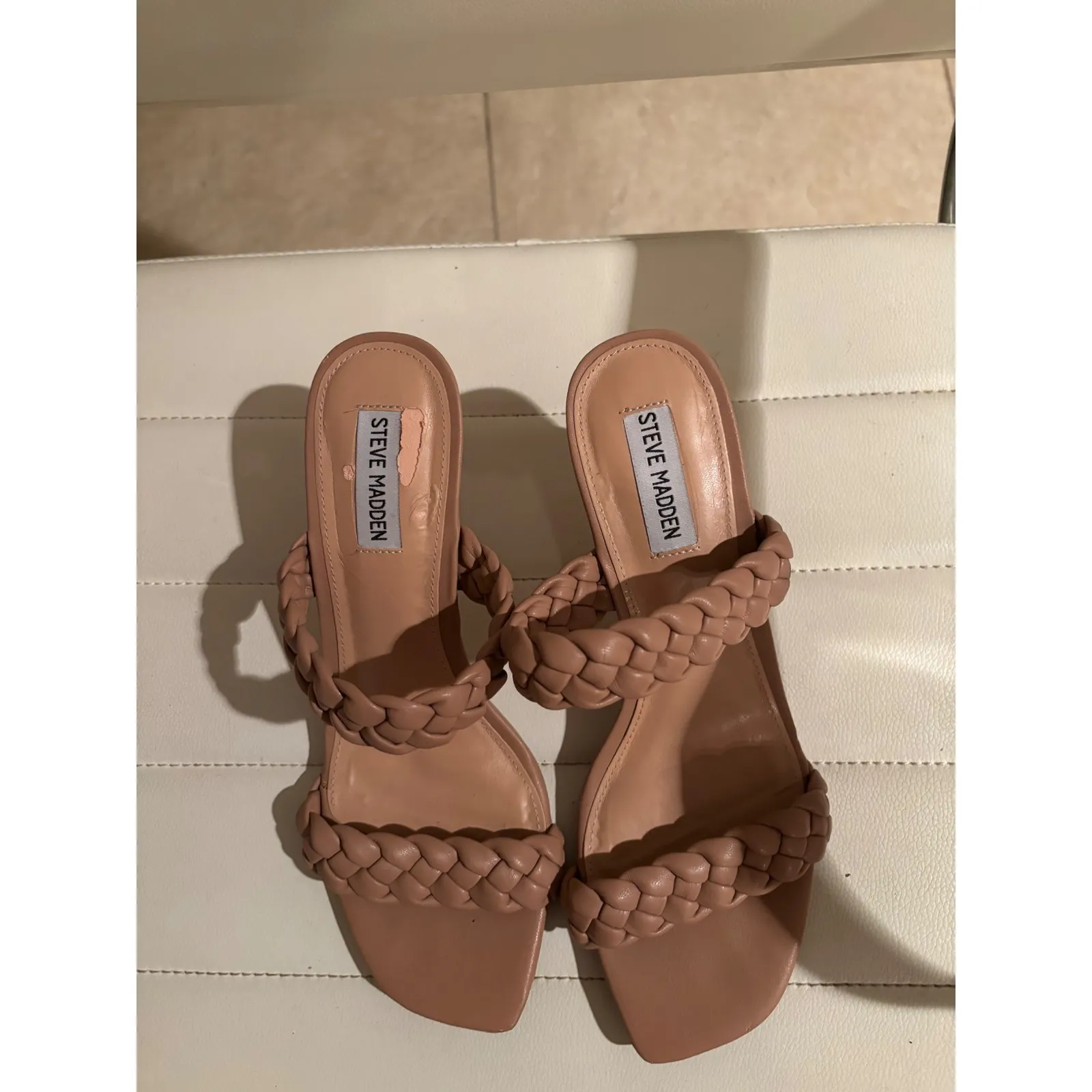 Steve Madden Braided Strap Heeled Mules Tan Nude Women's Size 10 - Image 2