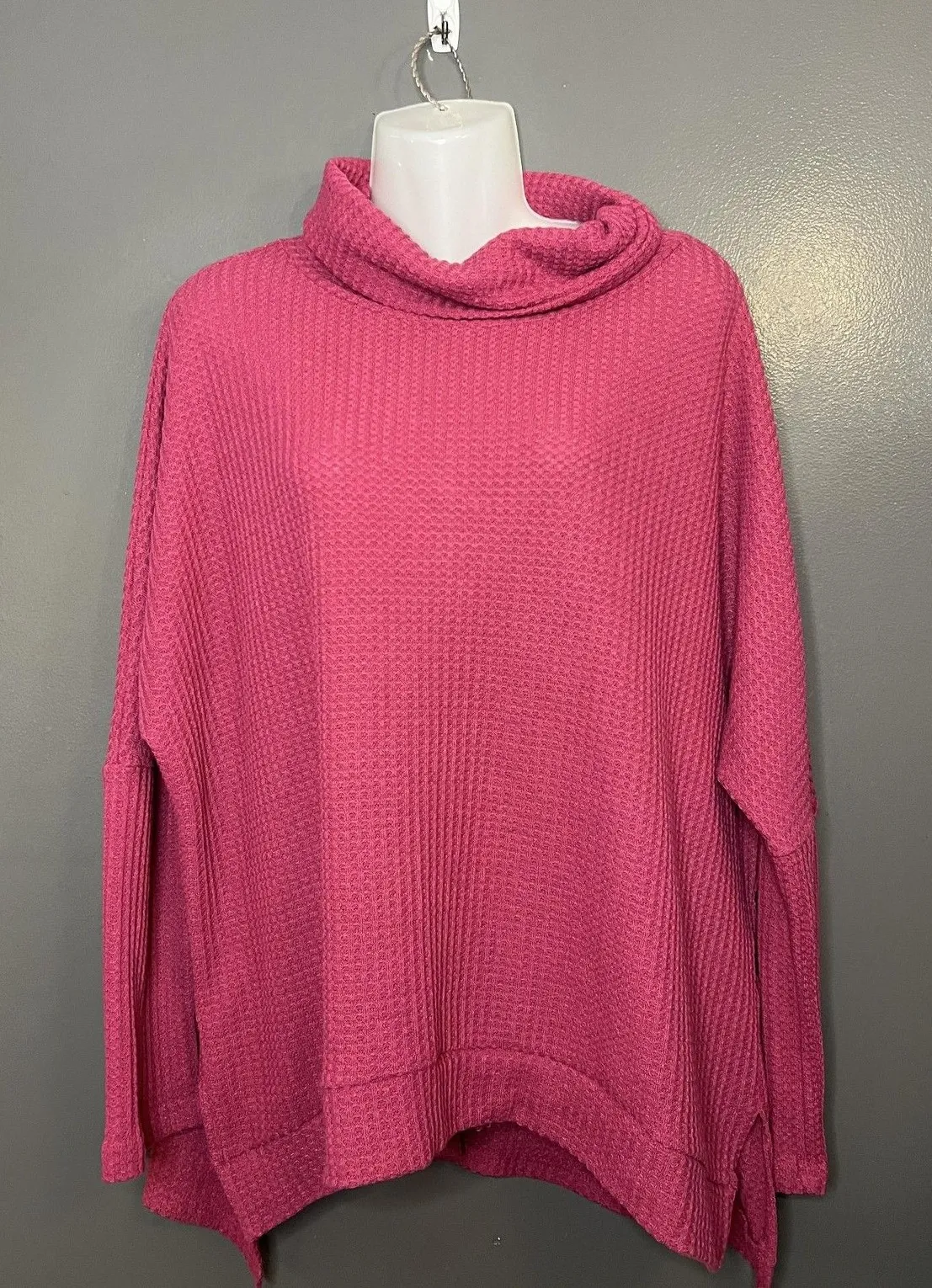 Sweater Womens Medium Pink Cowl Neck Waffle Knit High Low Hem Cozy Pullover - Image 1