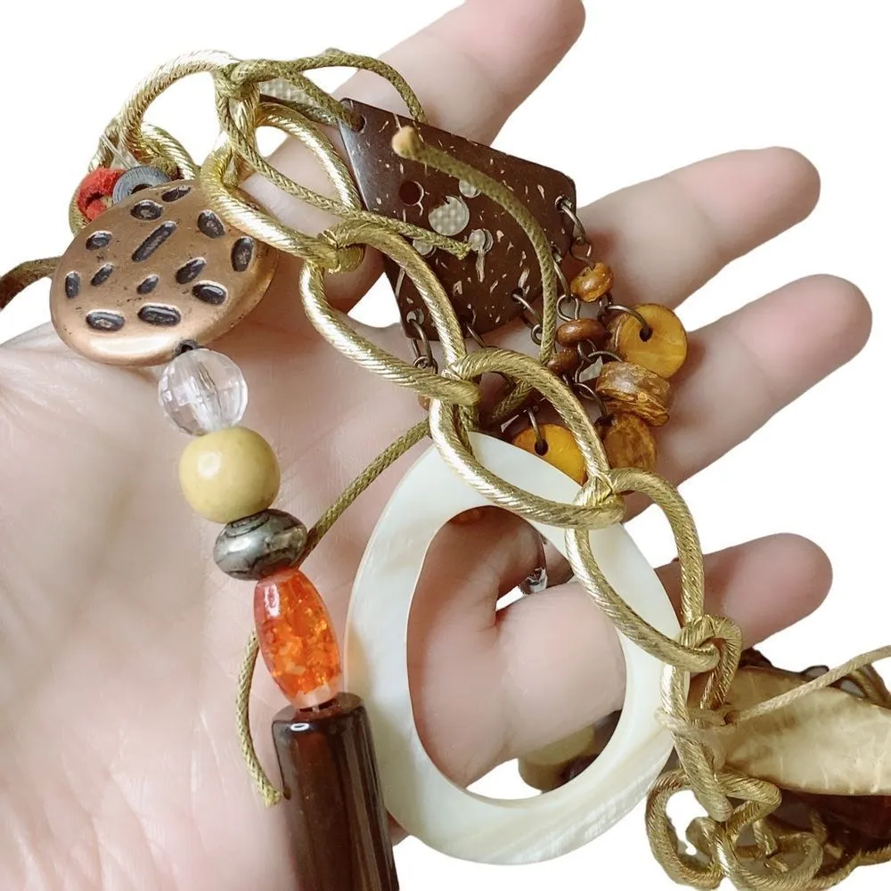 Ethnic Earthy Shell Coconut Shell Boho Bohemian Ornate Beaded Tassel Necklace - Image 3