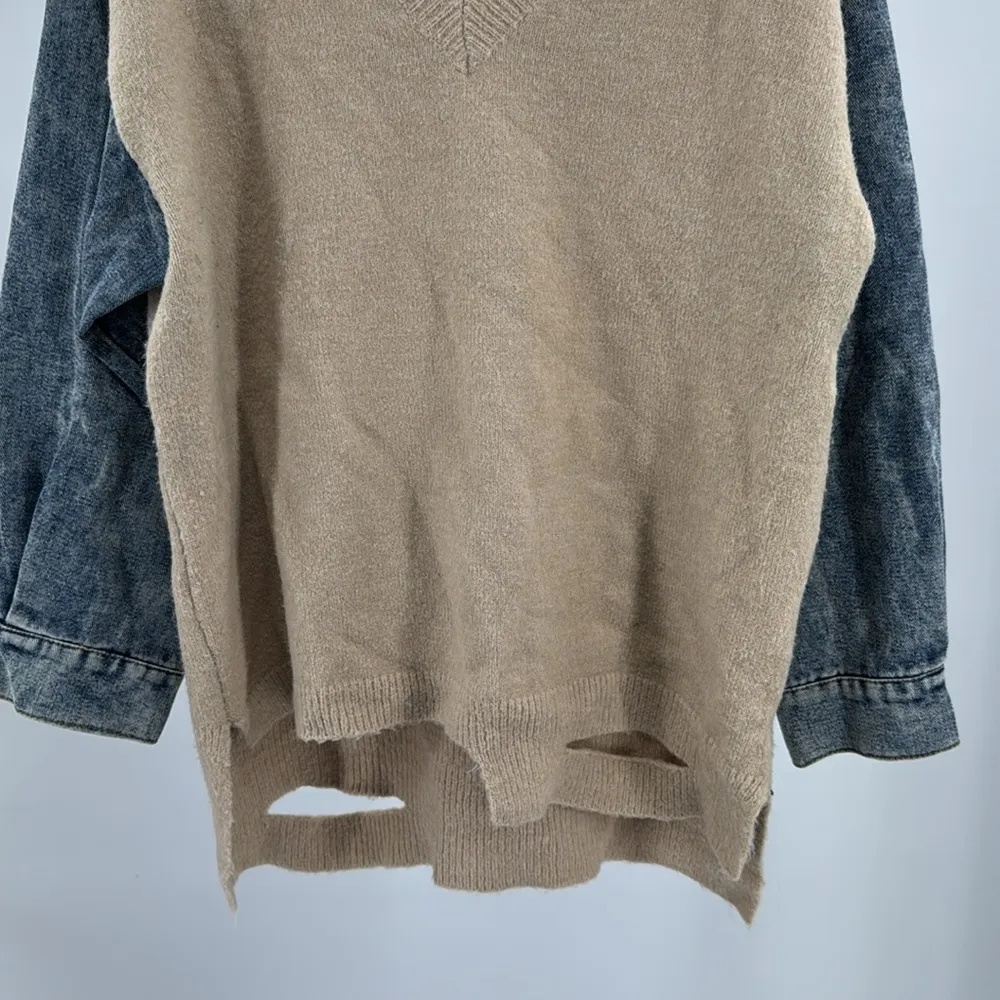 Entro Tan V-Neck denim sleeve contrast distressed sweater casual mixed material - Image 8