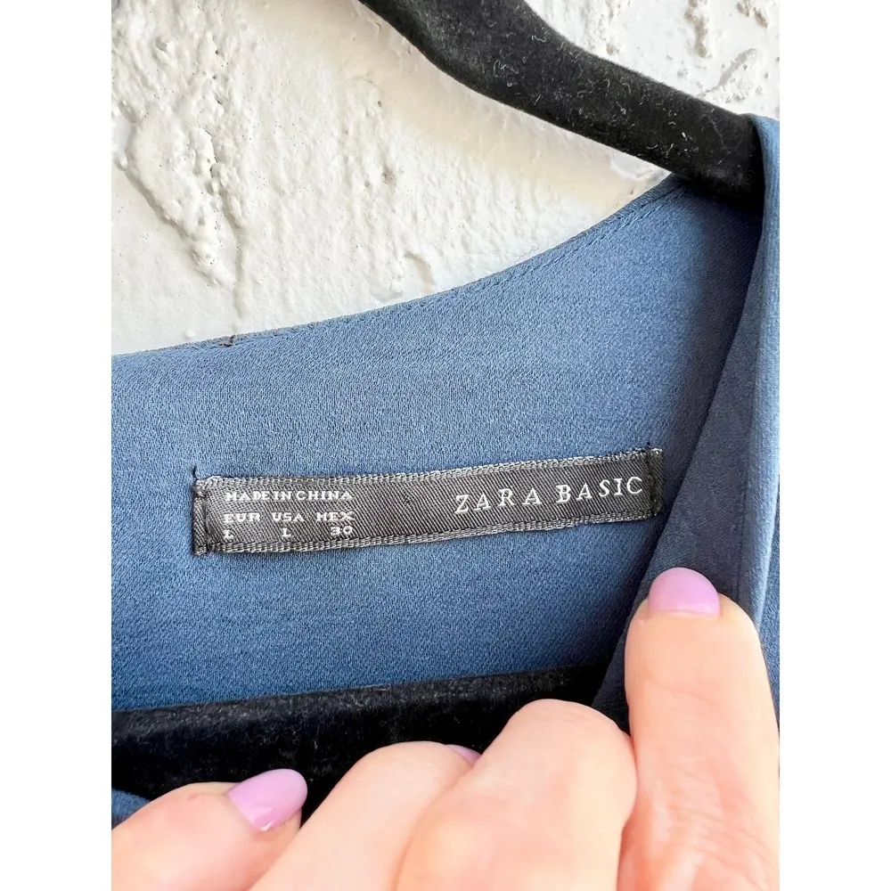 Zara Basic Long Puff Sleeve Pullover Tunic Top Blouse Blue Women's Size Large - Image 3