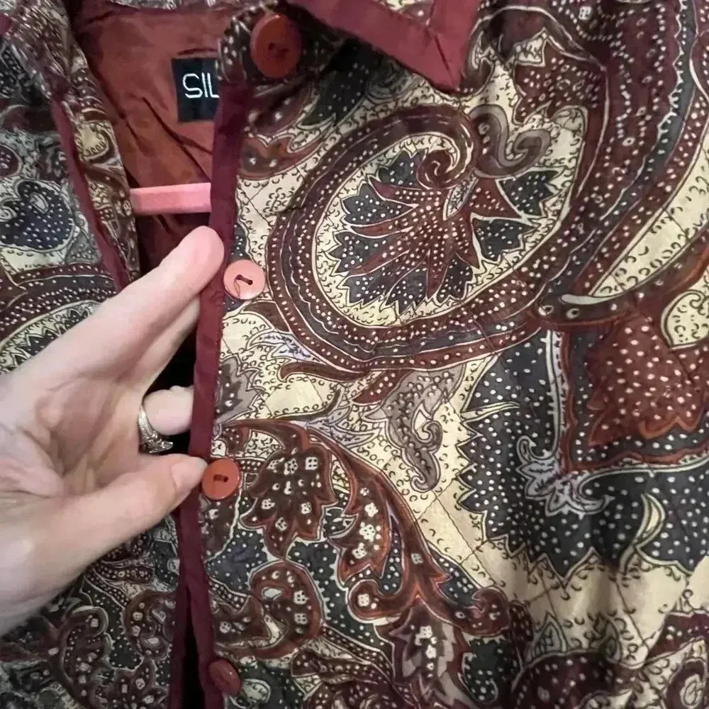 Preppy Vintage Classic Paisley Quilted Silk Jacket Brown Red Silkland Petite‎ L Size undefined - Image 7