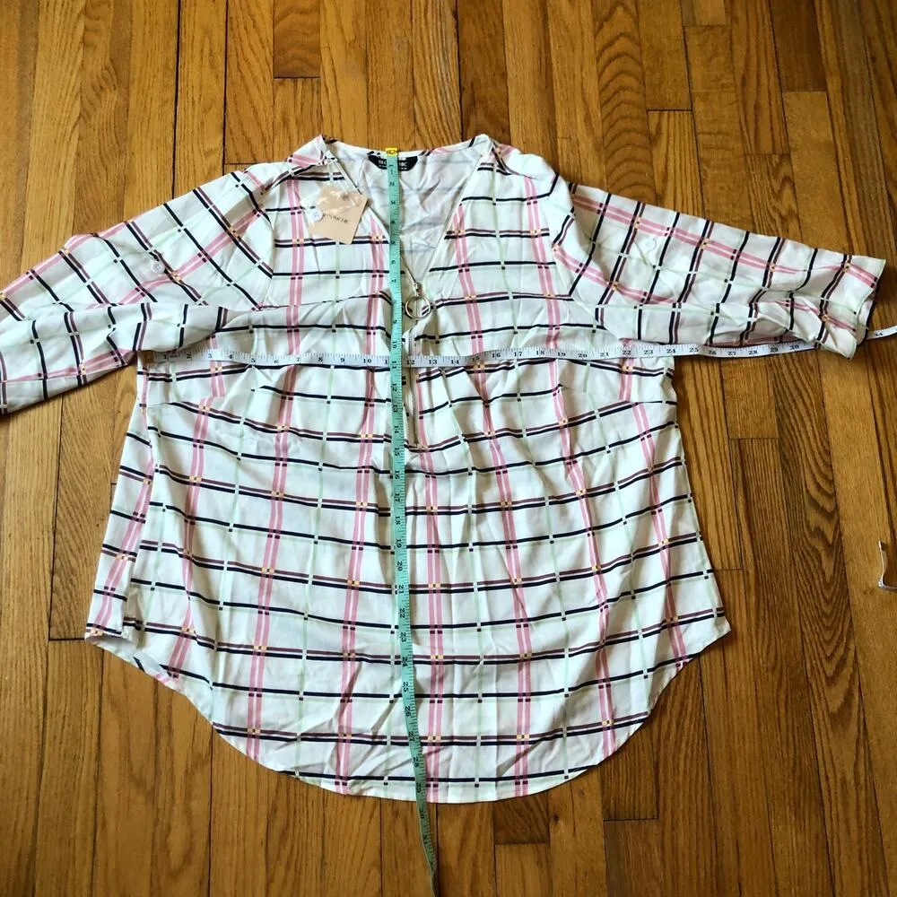 Bloomchic NWT White Pink Square Pattern Zip Front Blouse 3/4 Sleeve Size 18-20 - Image 4