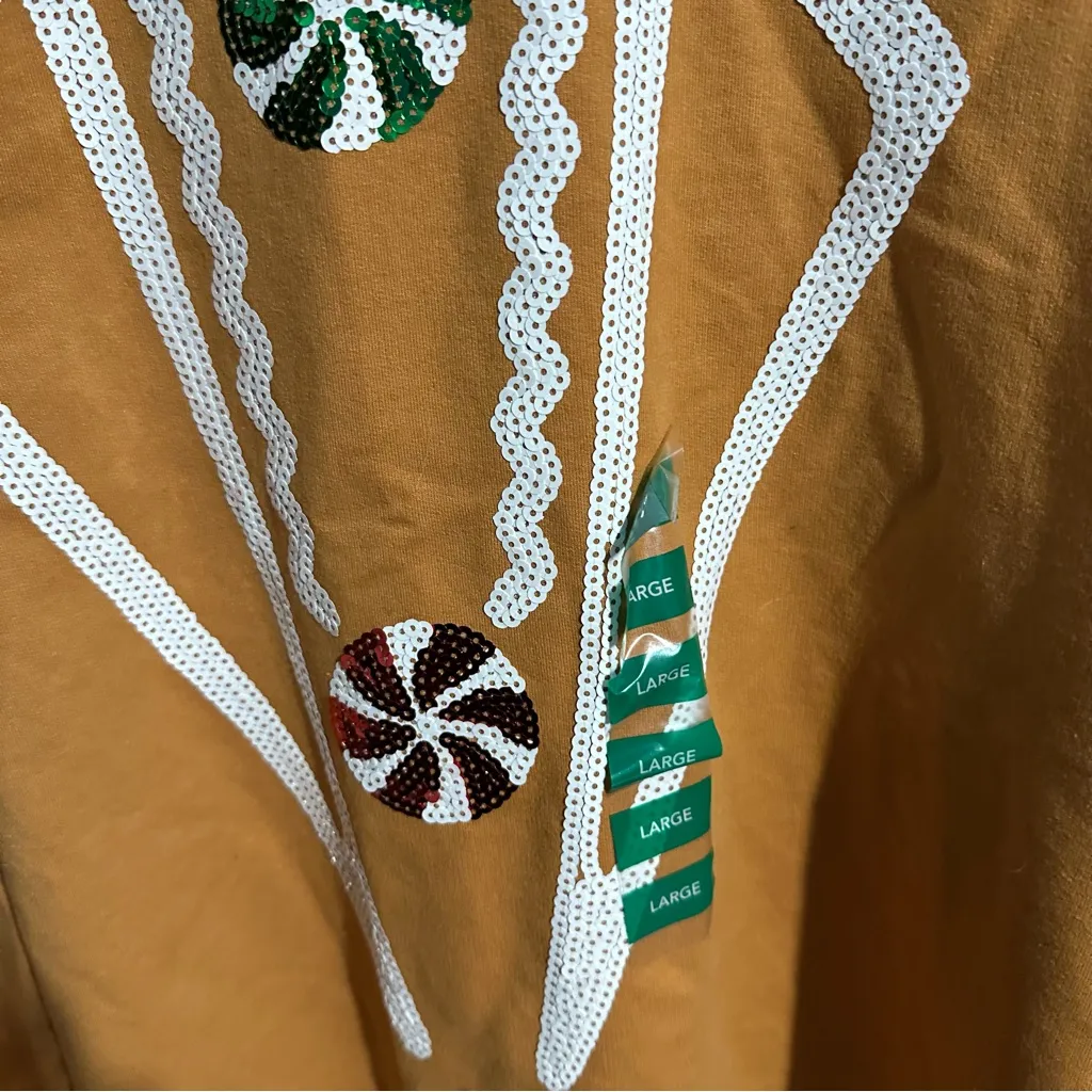 Festive Brown Sweatshirt with Candy Design NWOT Rockin Around Large Women Sequin - Image 4