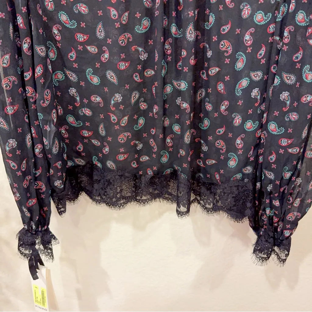 Pinko Black Paisley Print Long Sleeve Sheer Blouse with Lace Trim Size 44/L NWT - Image 4