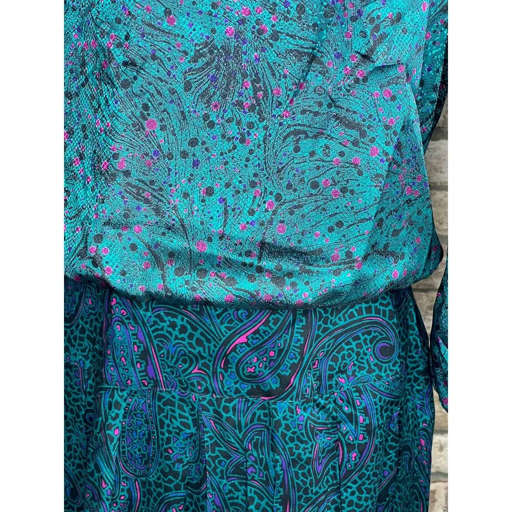 dress blouson vintage satin mock neck pleated skirt teal green fuchsia pink - Image 4