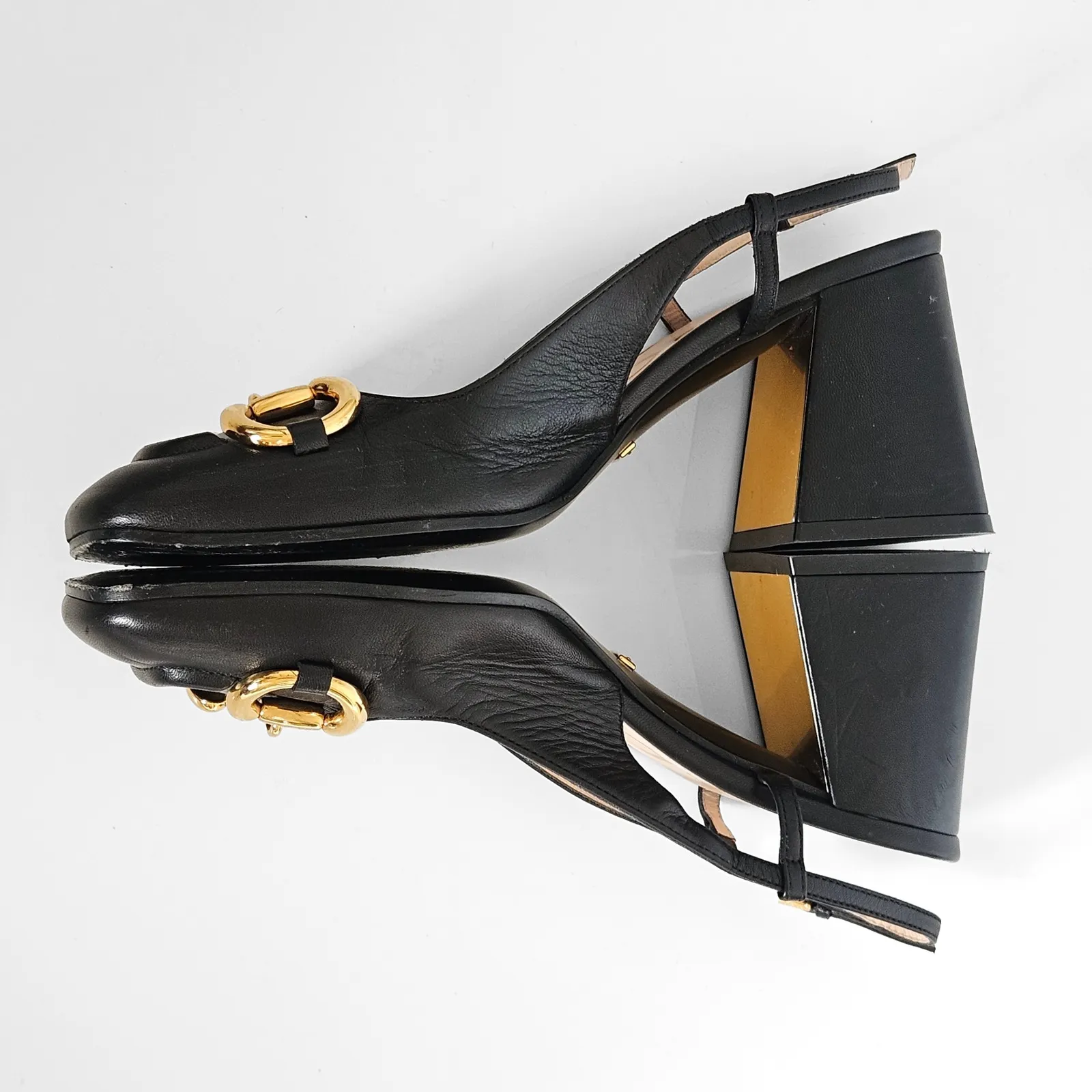 Gucci Horsebit Leather Slingback Pumps Black Gold Block Heel Size 37 / 7 - Image 8