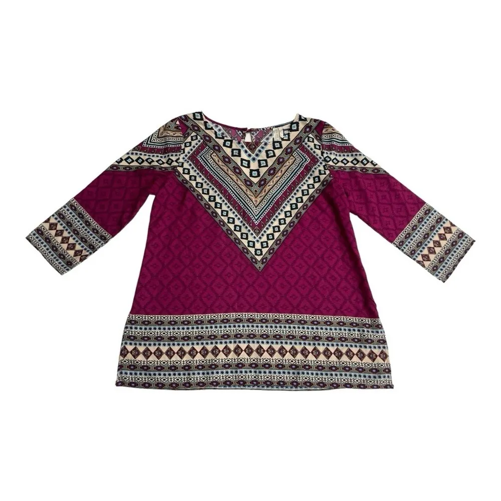 PINK OWL Geometric Tribal Blouse
Multicolor 3/4 Sleeve Scoop Neck Top size M - Image 7