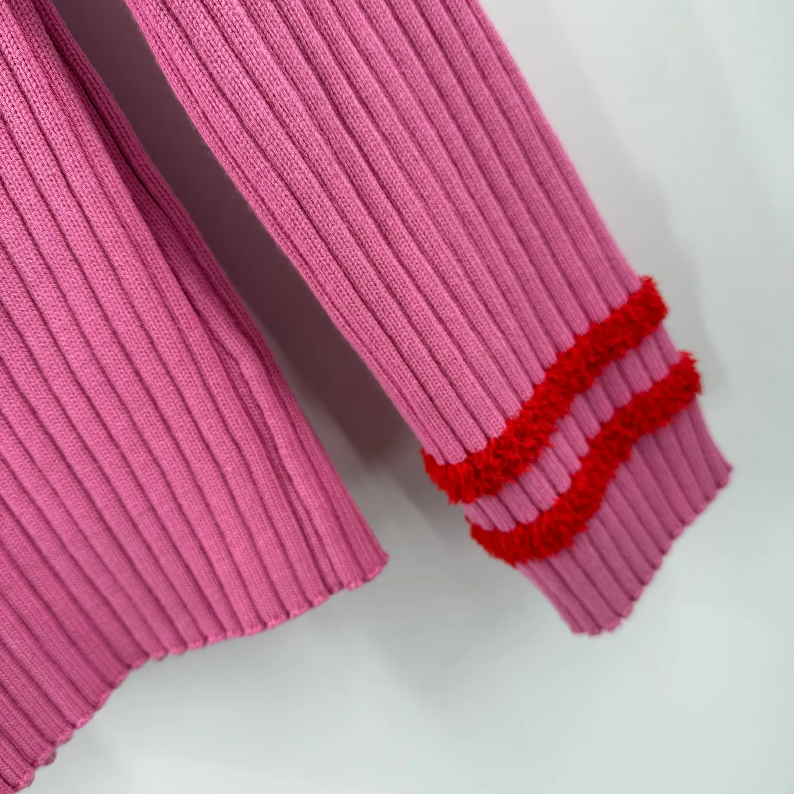 English Factory Sweater Women's Size Large Rib Ruffle Edge Pink Red Fuzzy Cuffs - Image 6