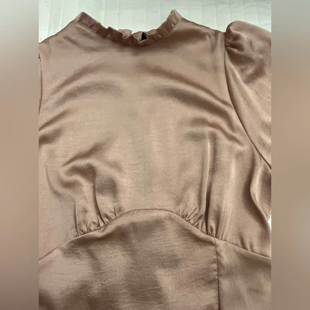 ASOS design high neck puff sleeve satin dress in light pink - Image 6