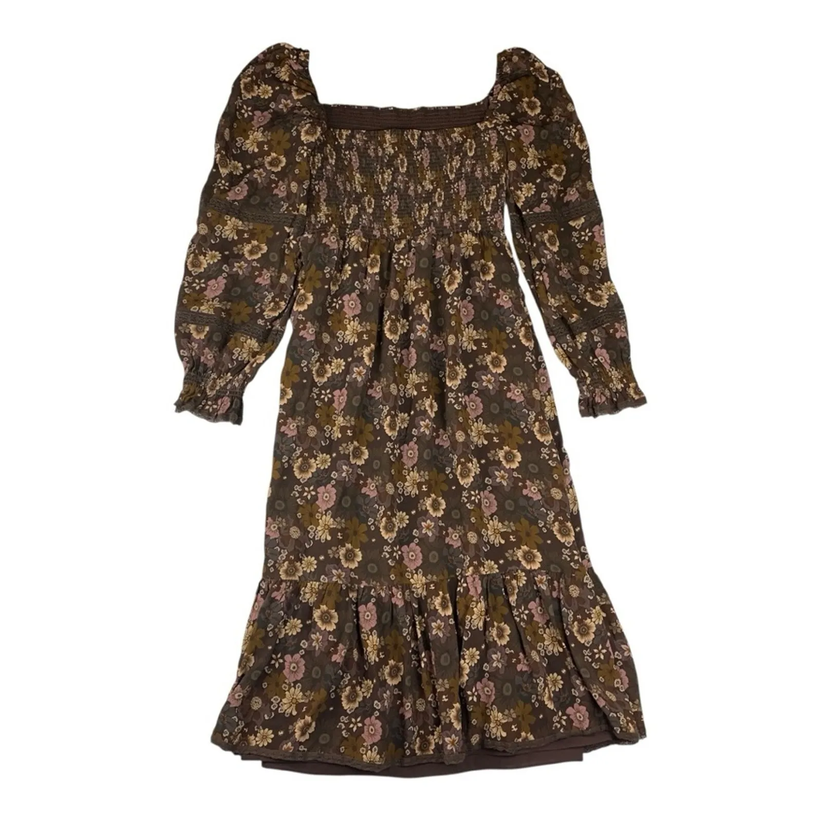 Wilfred size small grace midi sun dress brown white floral square neck boho - Image 3