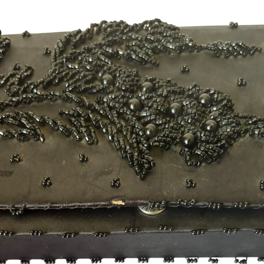 Vintage Hong Kong Hand Made Black Beaded Clutch Bag Satin Snap Closure 60s 70s - Image 2