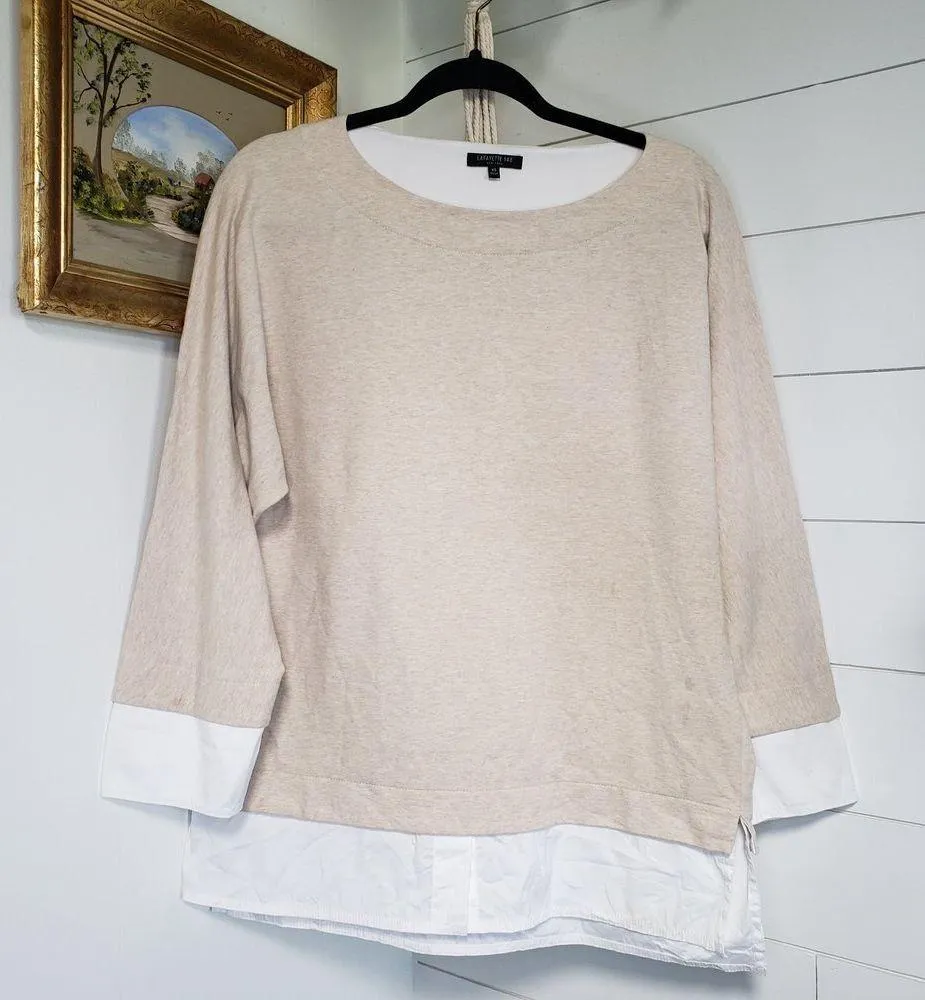 Lafayette 148 Duke Twofer tan and white long sleeve XS top - Image 4
