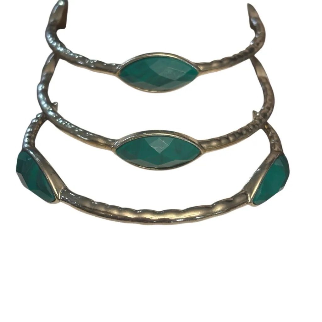 Gold Tone Green Stone Bangle Bracelet Set Boho Chic Stackable Jewelry - Image 3