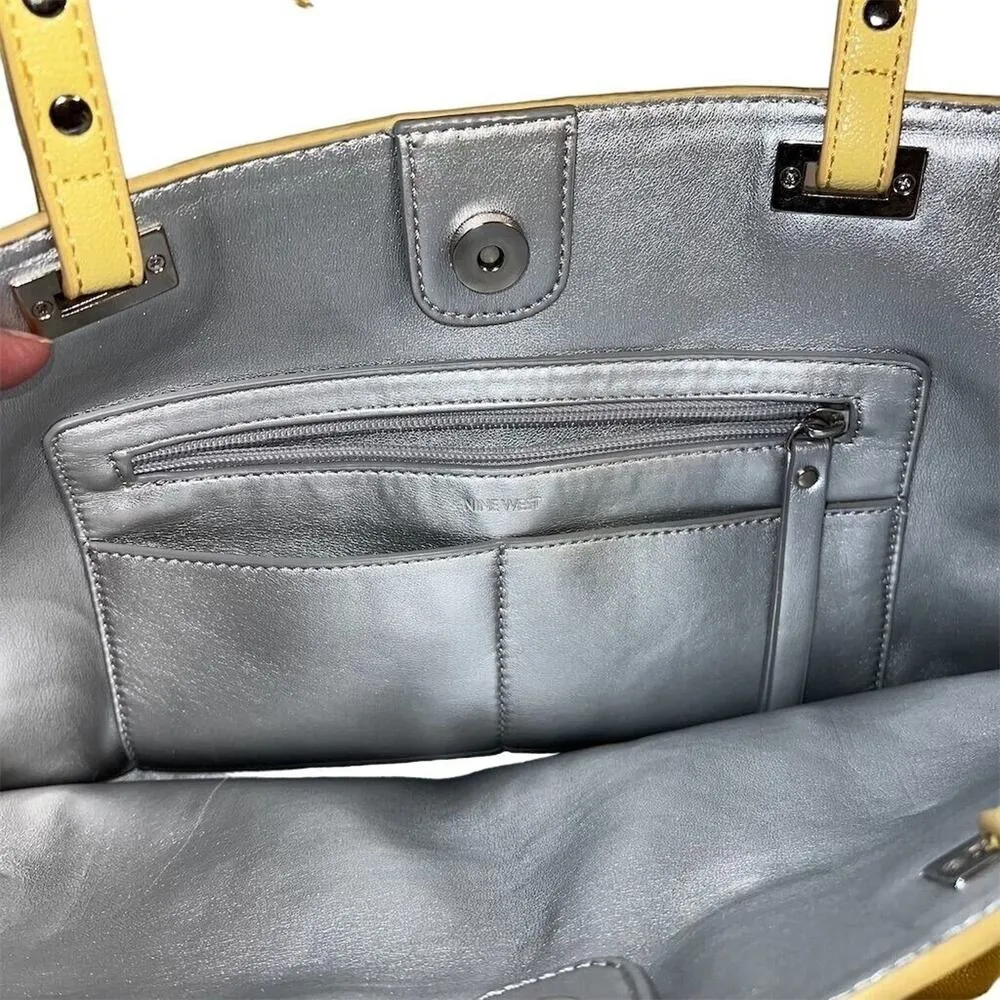 Nine West Ava Faux Leather Tote Bag Purse Floral Laser Cut Design Yellow Silver - Image 11