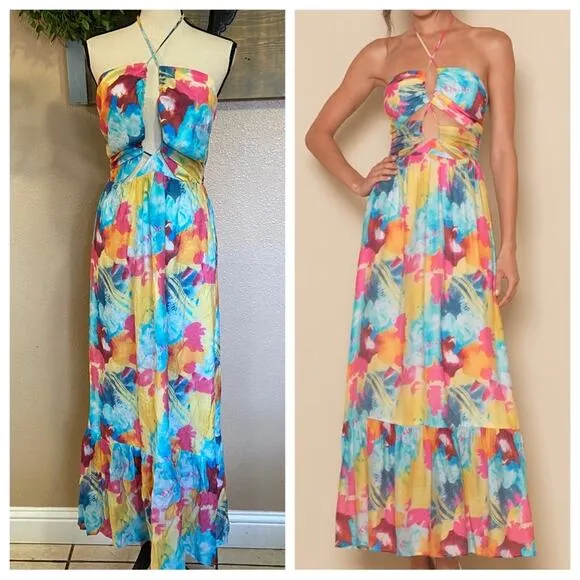 NWOT Lulus Stunning One Multi Abstract Print Drawstring Halter Maxi Dress - Image 2