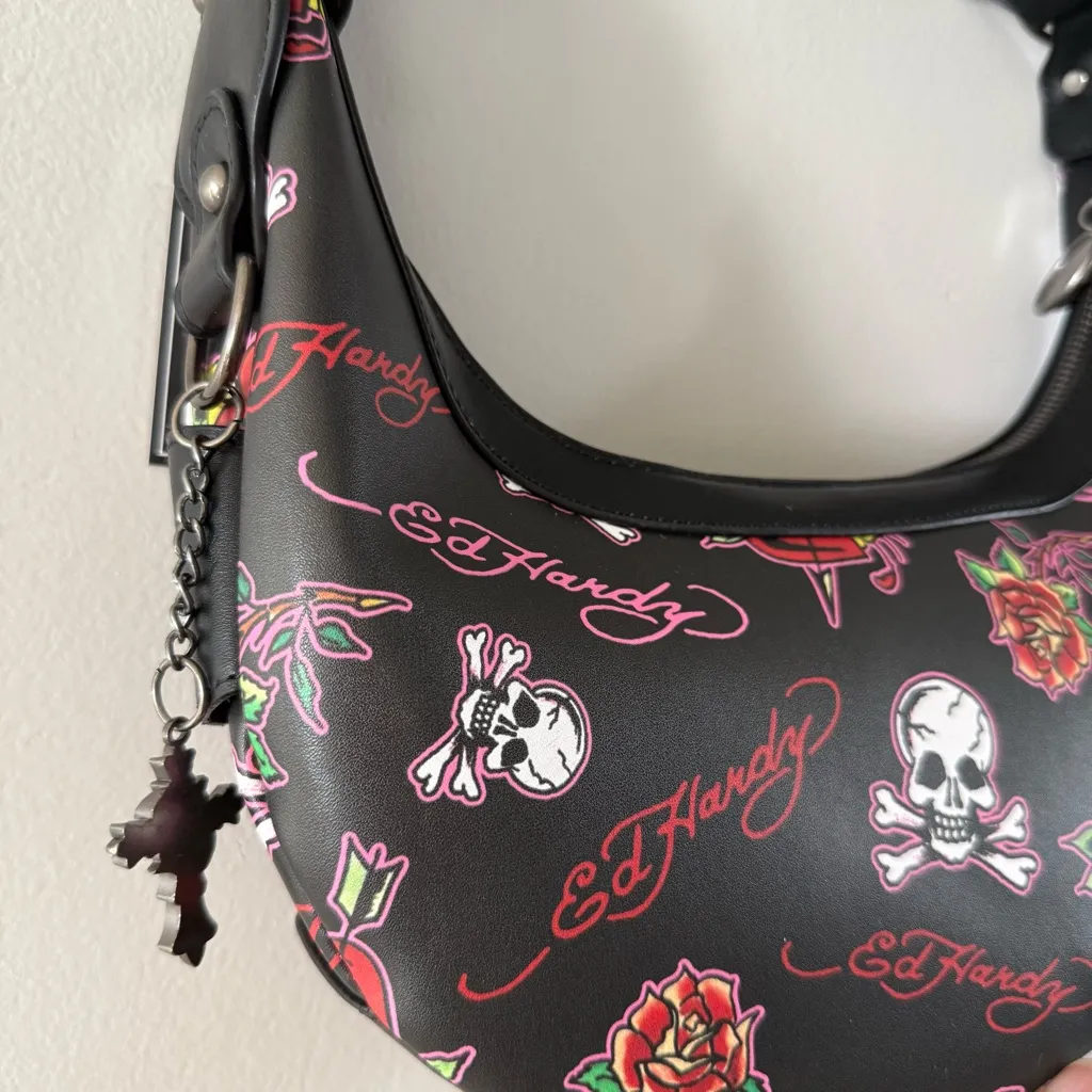 Ed Hardy Black and Pink Studded Shoulder Bag - Image 2