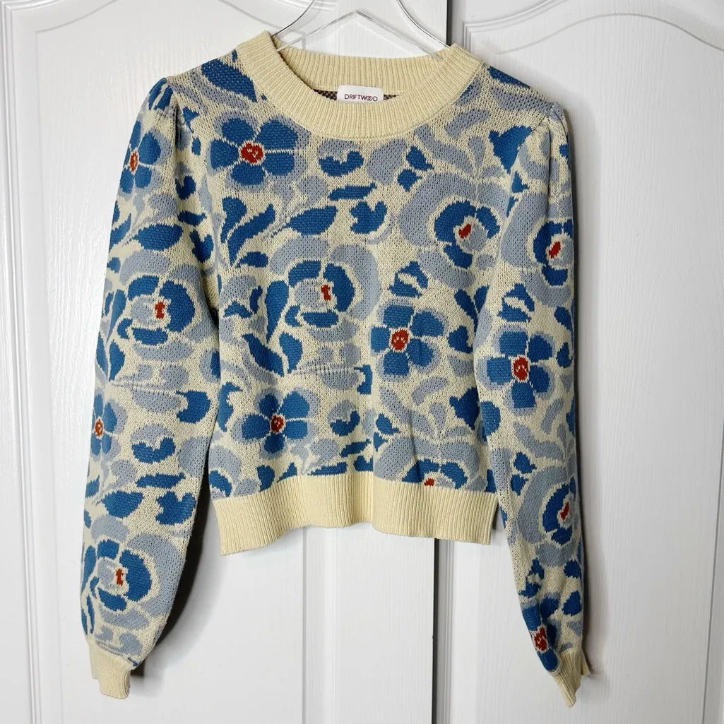 Driftwood Felicia Pullover Sweater Blue Floral Jacquard Knit Size Small - Image 2